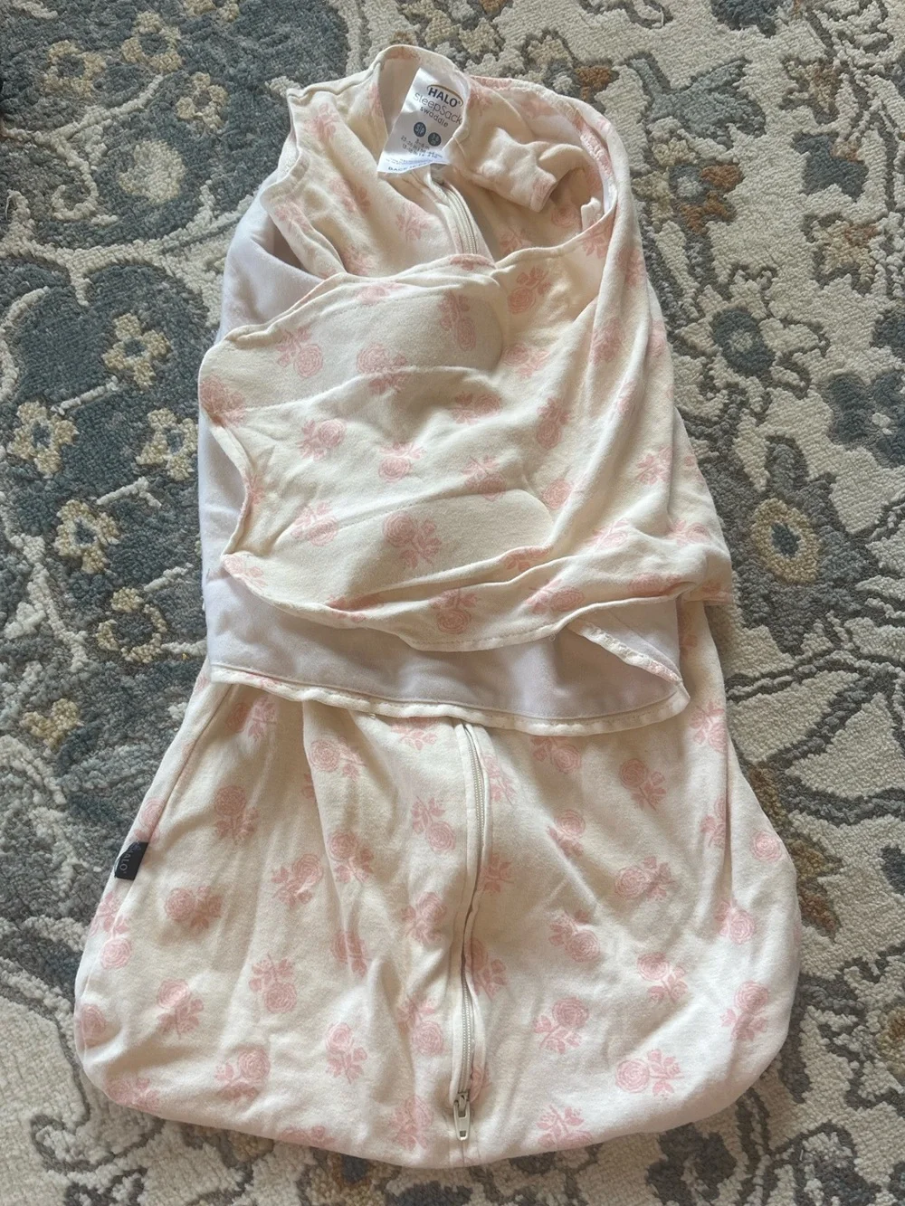Halo Swaddle Sleep Sack in Cream with Pink Floral Pattern